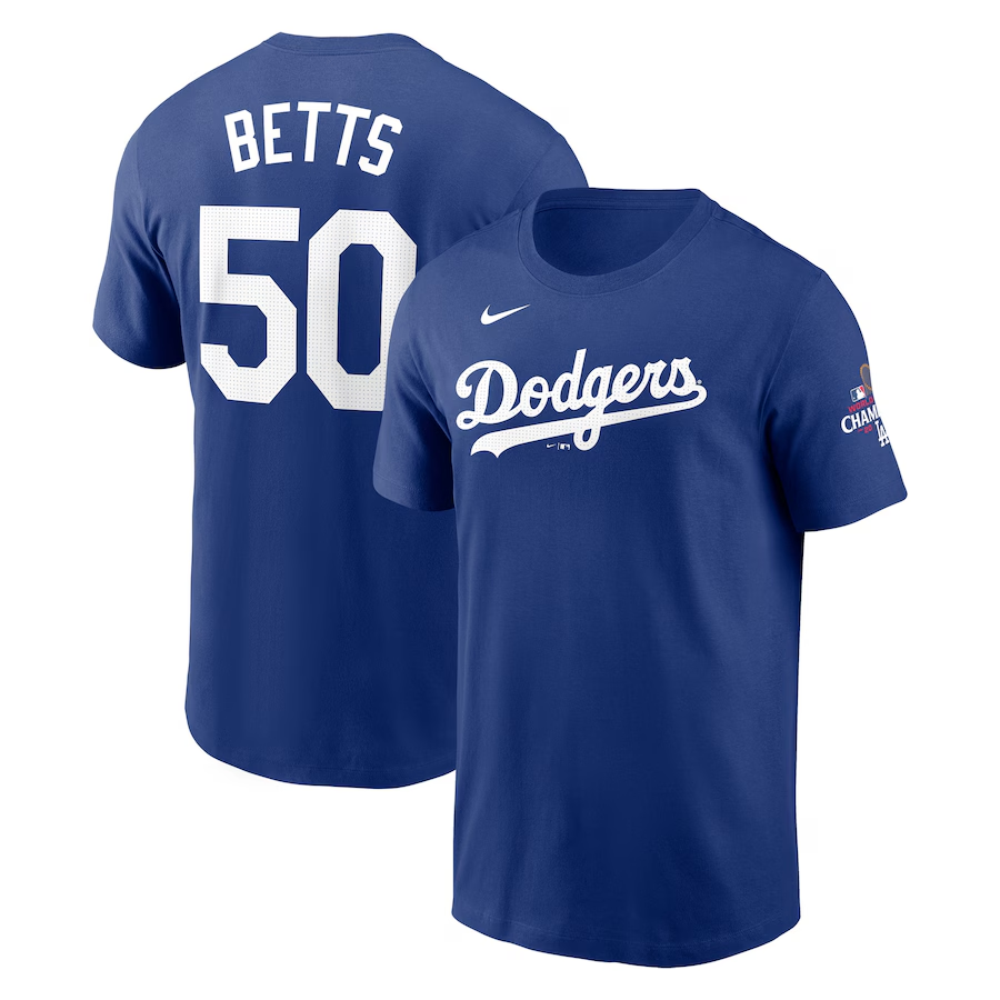 Men Los Angeles Dodgers #50 Betts 2024 MLB World Series Champions blue T shirts->mlb t-shirts->Sports Accessory